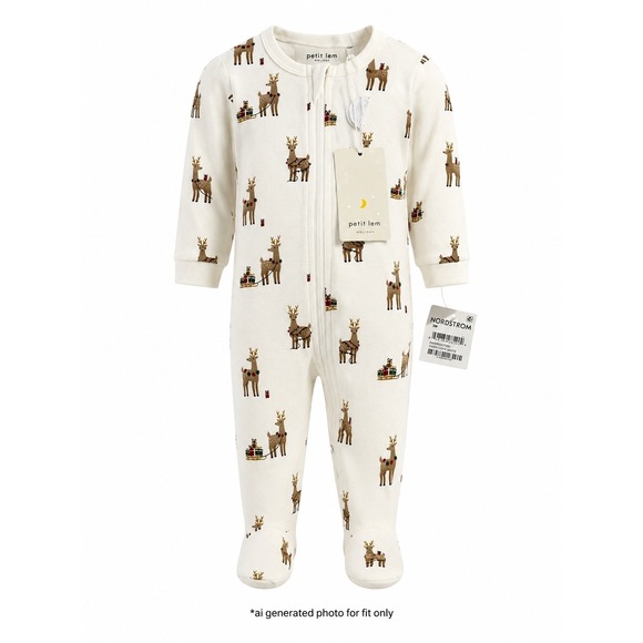 Petit Lem Other - Petit Lem Holiday Reindeer 2-Way Zip Footed Sleeper Unisex 3M Off White